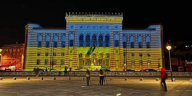 Ukraine Flag projected on a building