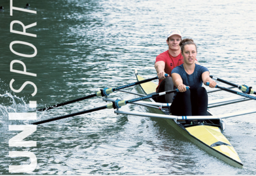 Zwei Menschen im Kanu und Logo von Unisport 